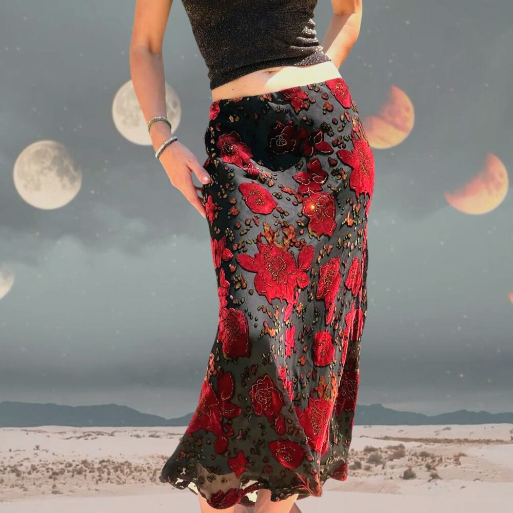 Silk Velvet Burnout Rose Maxi Skirt Black Red Whimsigoth Bias Cut
